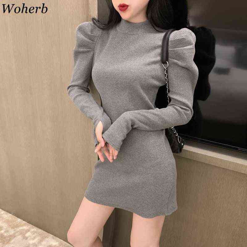Woherb Sexy Slim Bodycon Dress for Women Half Turtleneck Knit Black Mini Woman Dresses Chic Elegant Robe Puff Sleeve Vestidos 211221