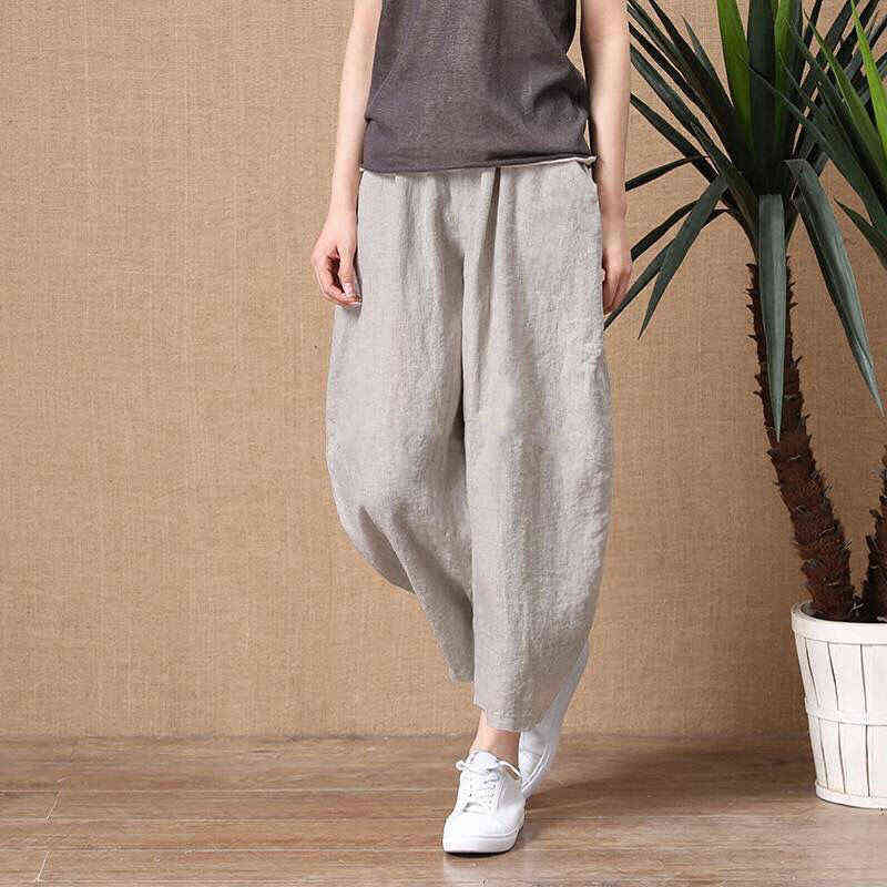 ShiMai Women's Cotton Linen Pants Elastic Waist Vintage Trousers Lady Loose Casual S-2XL Retro Literary 211115