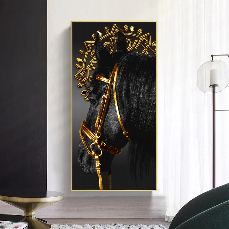 Golden Black Horse Poster Animal Canvas Prints Wall Art Pictures For Living Room Entrance Painting Modern Home Decor Cuadros