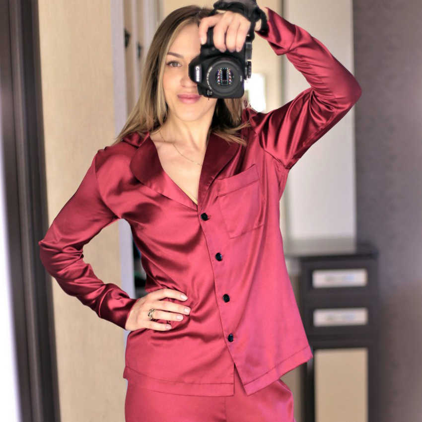 HECHAN Blue Women Pajamas Turndown Collar Pocket Long Sleeve Casual Pants 2 Piece Set Sleepwear Female Home Suit Sets Nightwear 210924