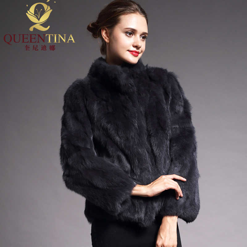 High Quality Real Fur Coat Fashion Genuine Rabbit Overcoats Elegant Women Winter Outwear Stand Collar Jacket 210928