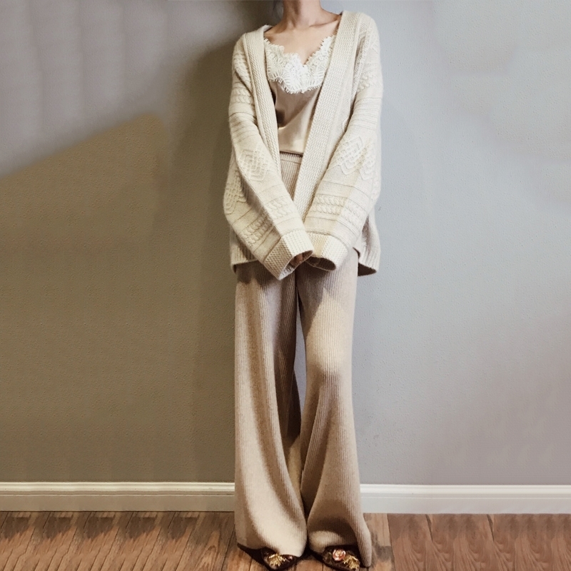 Women Pants New Spring Soft Waxy Comfortable HighWaist Cashmere Knitted Pants Female Pure Color Wide Leg Pants Casual T200104