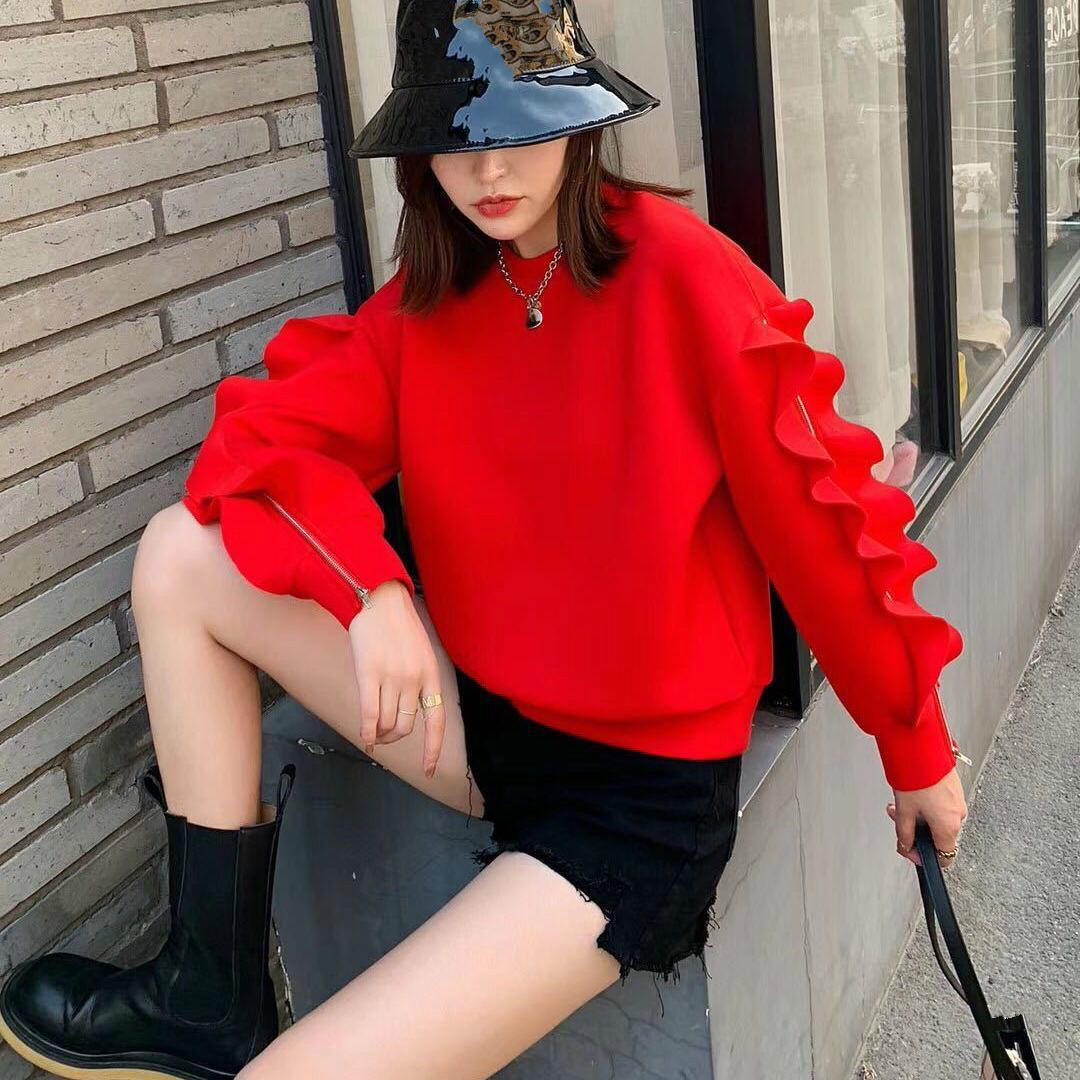 Nomikuma Sweatshirts Women Autumn Winter Pullover Hoodies New Korean Zipper Ruffle Long Sleeve Causal Top Jumper 6C728 201113