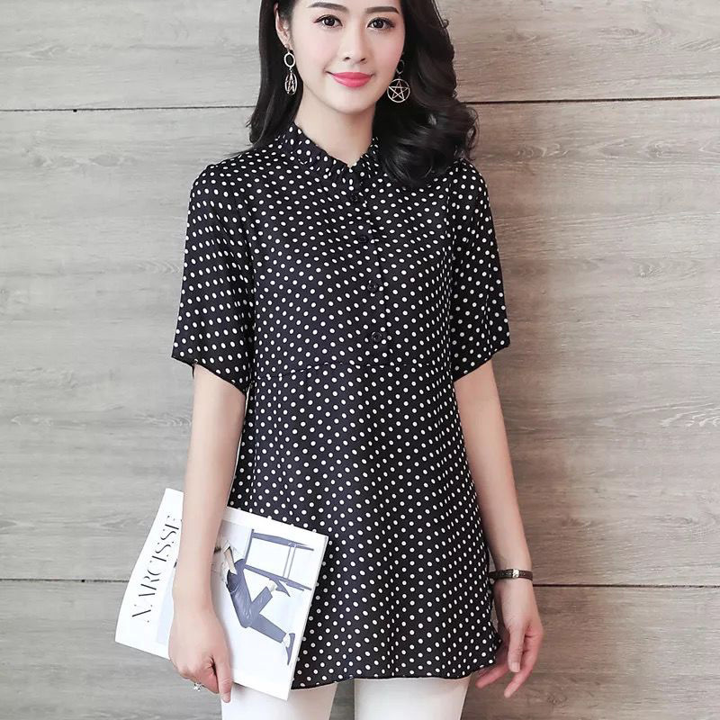 Women Spring Summer Style Blouses Shirts Lady Casual Stand Collar Short Sleeve Polka Dot Printed blusas Tops DF3733 210225