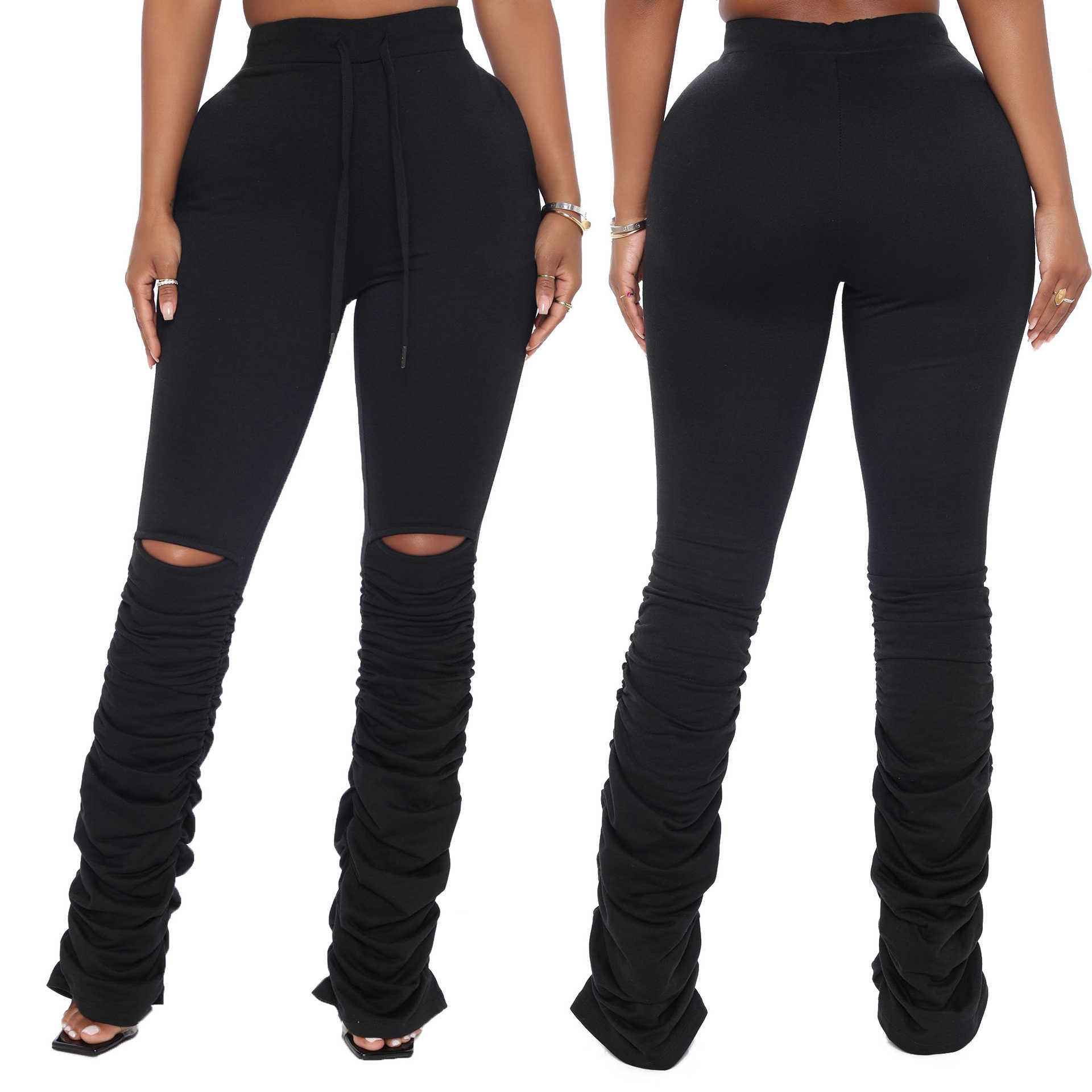 Autumn High Waist Drawstring Sweatpants Womens Stacked Pants Winter Clothes Woman Hole Skinny Casual Plus Size Trouses Mujer 210604