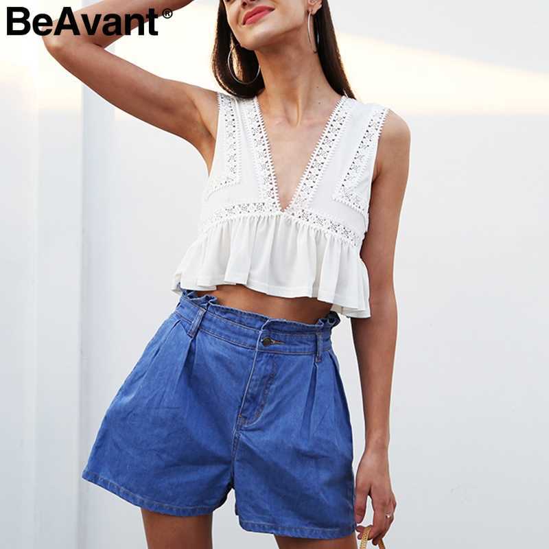 BeAvant Sexy v neck backless tank top women Ruffle short lace shirt camisole tank Summer sweat streetwear casual crop top 210709