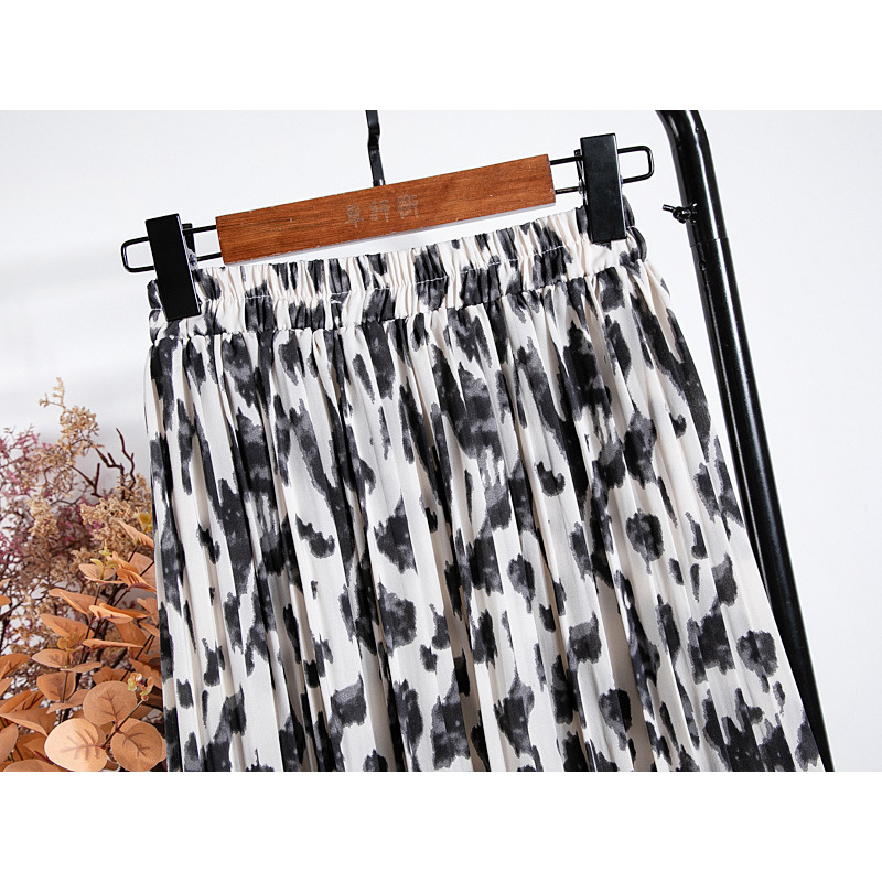 TIGENA Leopard Print Long Maxi Pleated Skirt Women Fashion Spring Summer Korean Elastic High Waist Chiffon Skirt Female 210306