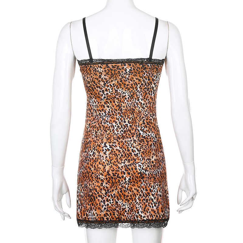 Spaghetti Strap Leopard Print with Lace Cami Dresses Chic Vintage Summer A-line Mini Punk Party Dress 210607