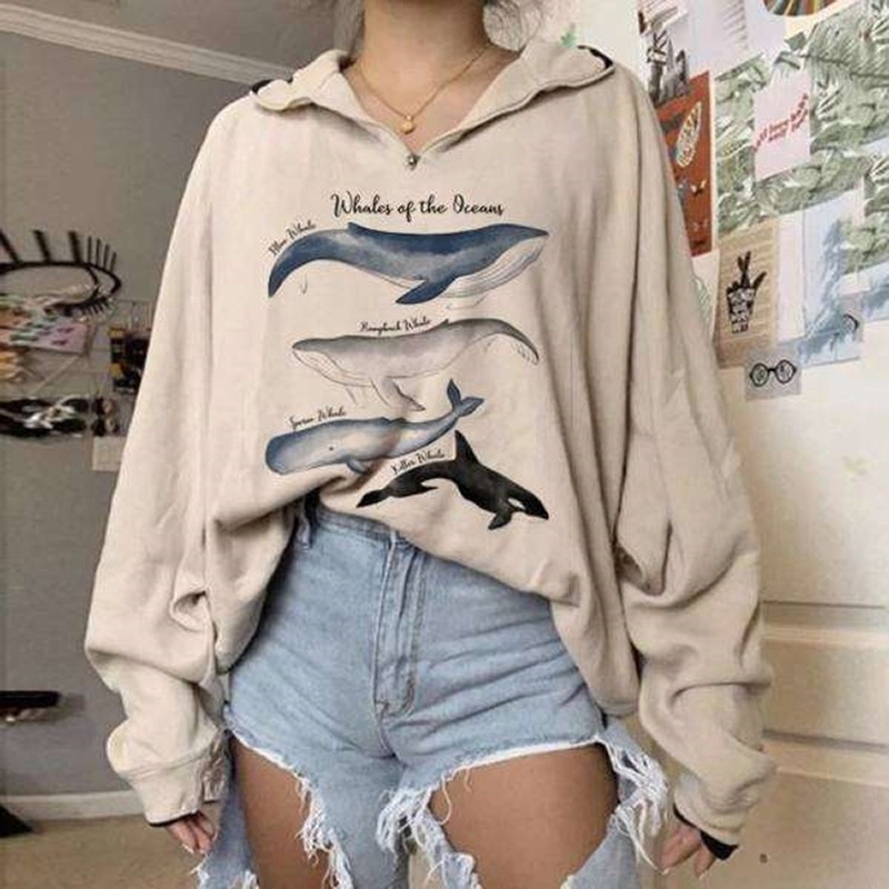 Fashion Women Hoodie Whales Print Loose Hoodies Personality Printed Women Sweatshirts Zipper Graphic Hoodie Pullovers 201203