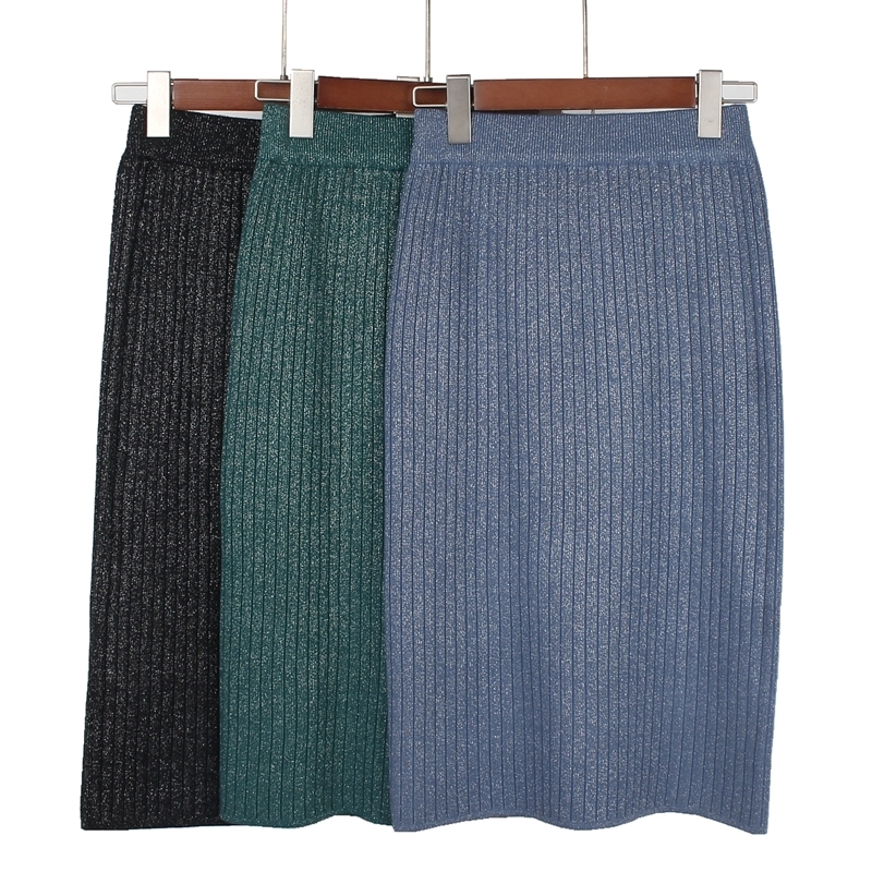 GIGOGOU Lurex Glitter High Waist Women Knitted Skirt Spring Autumn Fashion Rib Skirt Elegant Midi Female Casual Skirt 210309
