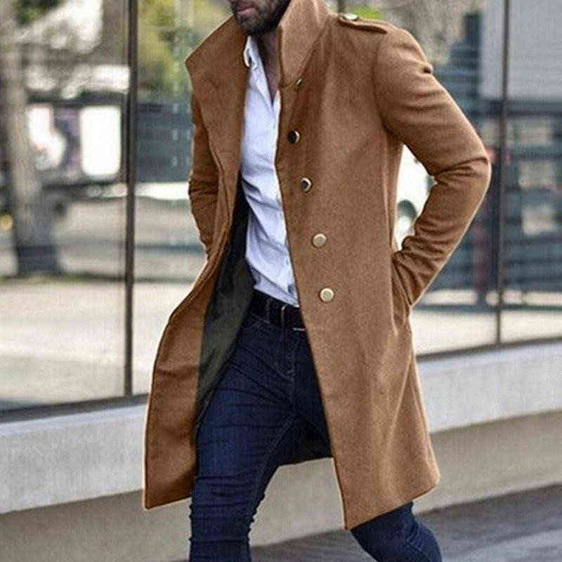 Winter Fashion Single Breasted Men Long Coats Mens Solid Warm Woolen Overcoats Casual Turn-down Collar Long Sleeve Cardigan 211122
