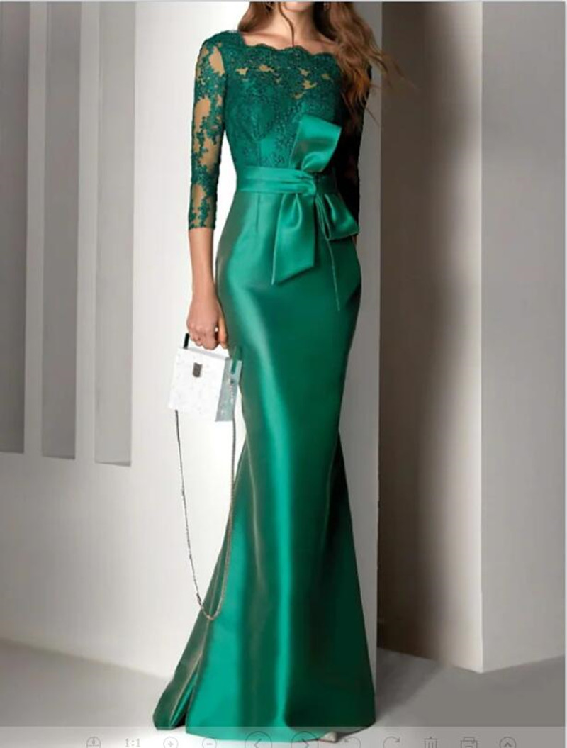 Green Half Sleeve Mother's Dresses Jewel Satin Beads Long Applique Lace Mother Of The Groom Dresses