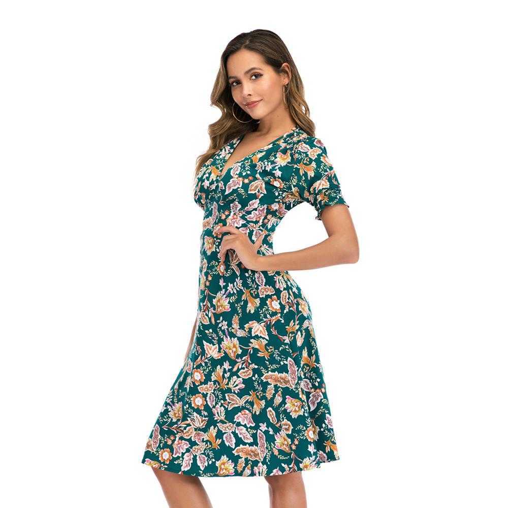 Casual Boho Beach Dress Women Sexy V Neck Short Sleeve Tunic Summer es Plus Size Floral Printed Vintage Chiffon Midi 210526