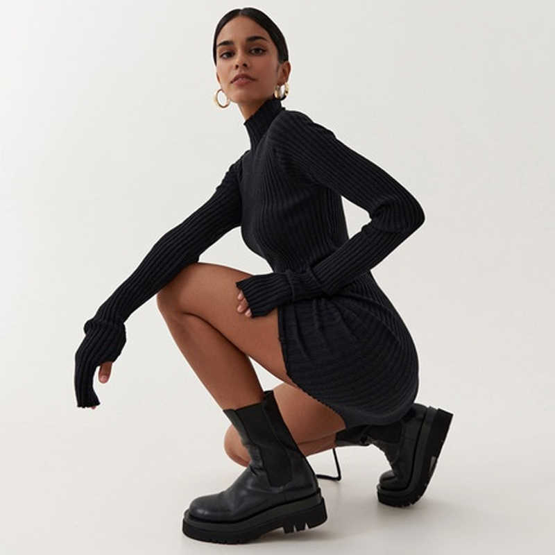 DEAT Spring Autumn Long Sleeve Bandage Temperament Fashion Sexy Mini Dress Women High Neck Knitted ML771 210709