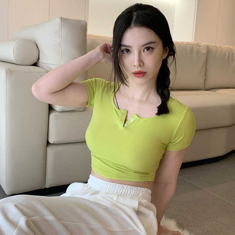 WOMENGAGA Street Big Chest Stretch Slim Short Navel T-shirt For Women Summer Tops Sports Sexy Korean Tees Tshirt VF89H 210603