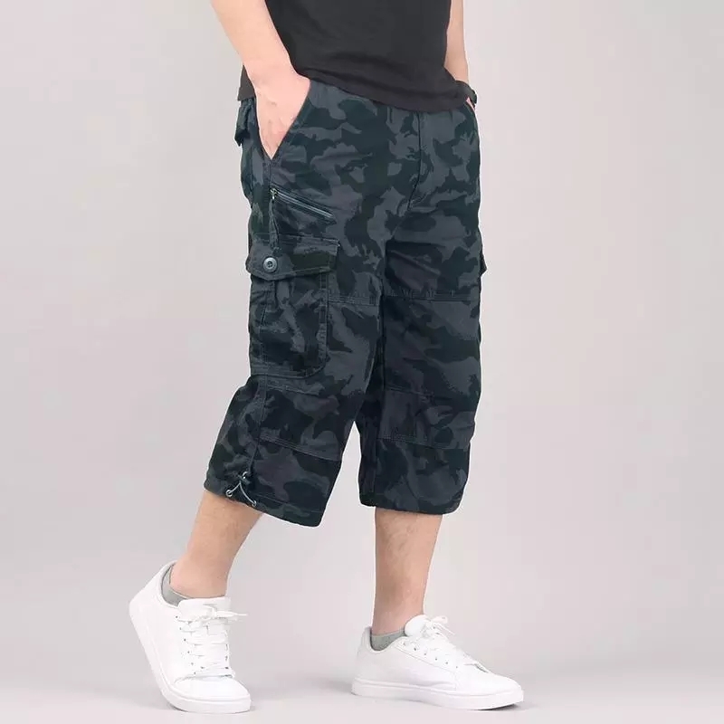 Knee Length Cargo Shorts Men's Summer Casual Cotton Multi Pockets Breeches Cropped Short Trousers Military Camouflage Shorts 210316