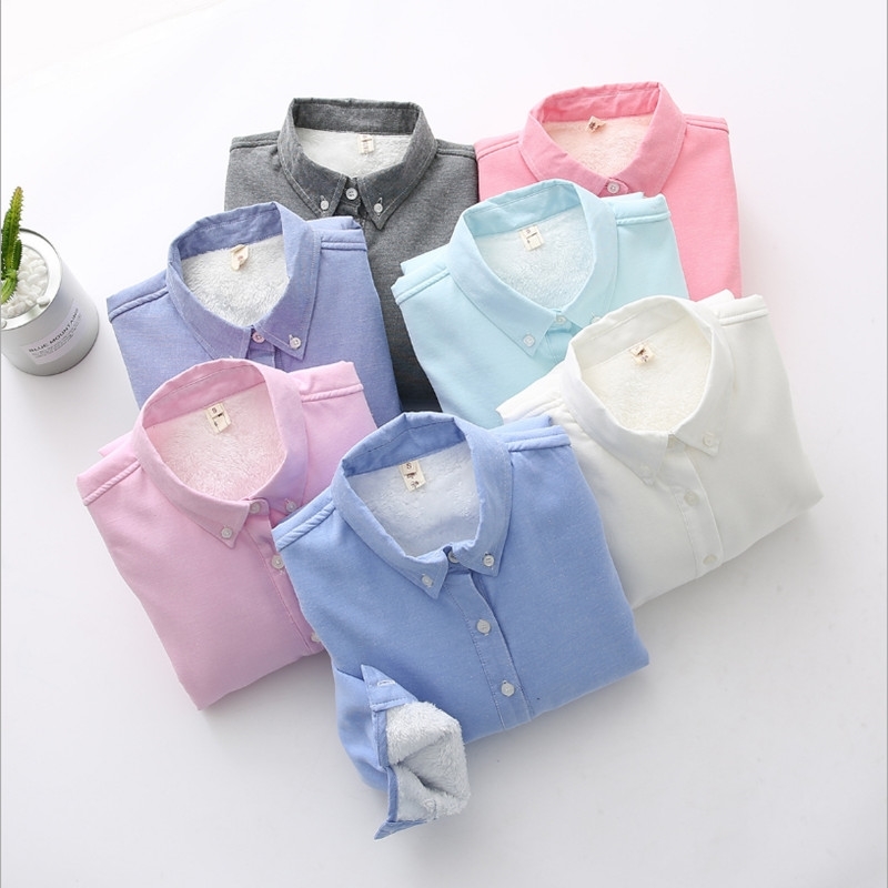 Women's Shirt Autumn Winter Candy Color Berber Fleece Thickening Cotton Blouses Female Lapel Warm Bottoming Shirt OL Blusas Tops 210225