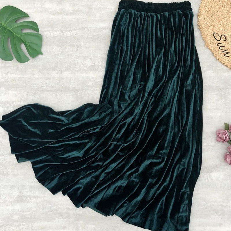 Autumn Winter Women Golden Velvet Long Skirt Korean Ladies Elastic Casual High Waist Skirts Pleated Bottoms B07004R 210306