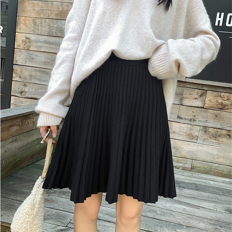 Plus Size M-5XL Spring New Women's Pleated Skirt Preppy Style High Waist Solid Fashion Knitting Warm Skirts B9D601S 210309