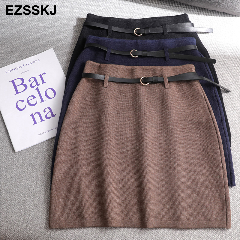 spring Autumn retro Aline PENCIL mini skirt female fashion high waist slim skirt solid color badycon knitted short skirt 210306