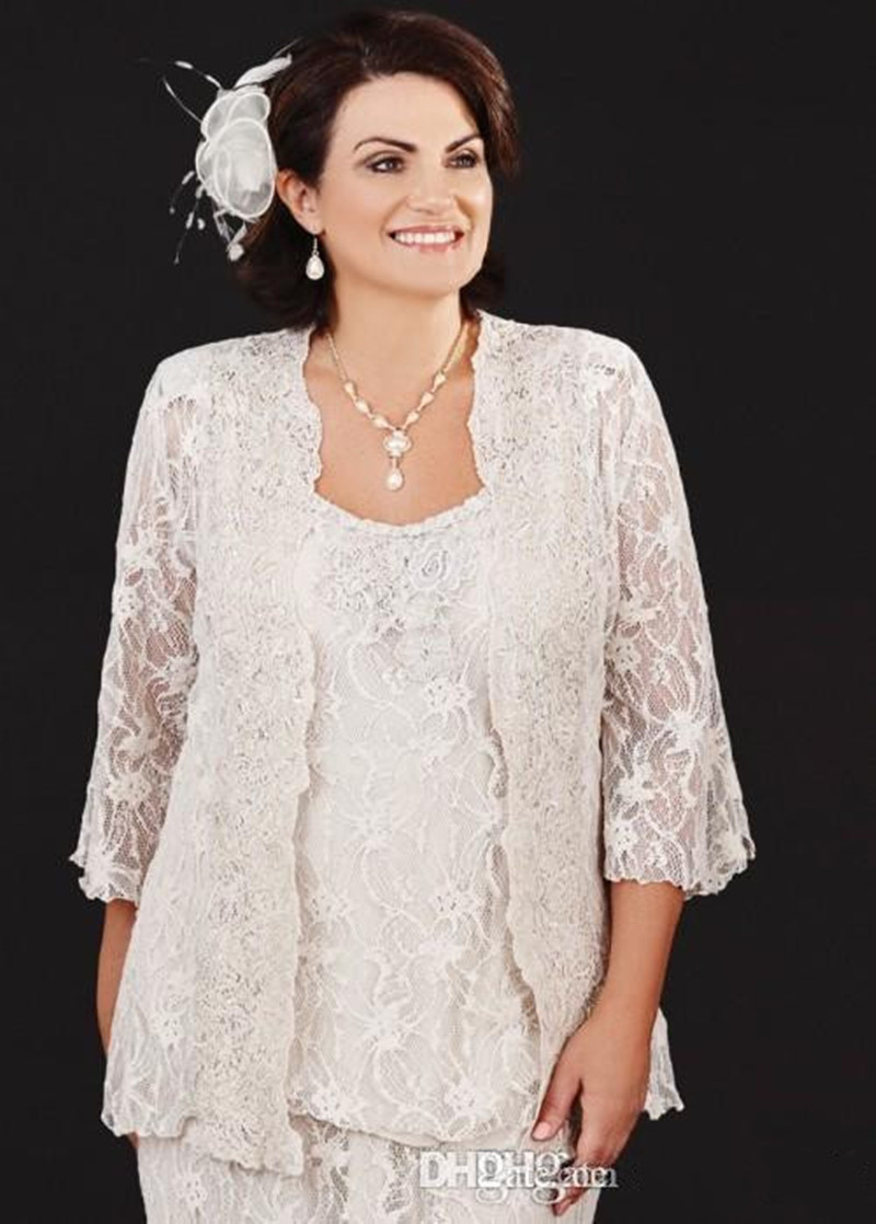 Vintage Lace Tea-length Mother Of the Bride Dresses Modest Plus Size Three Pieces Mothers Groom Dress mother wedding gowns