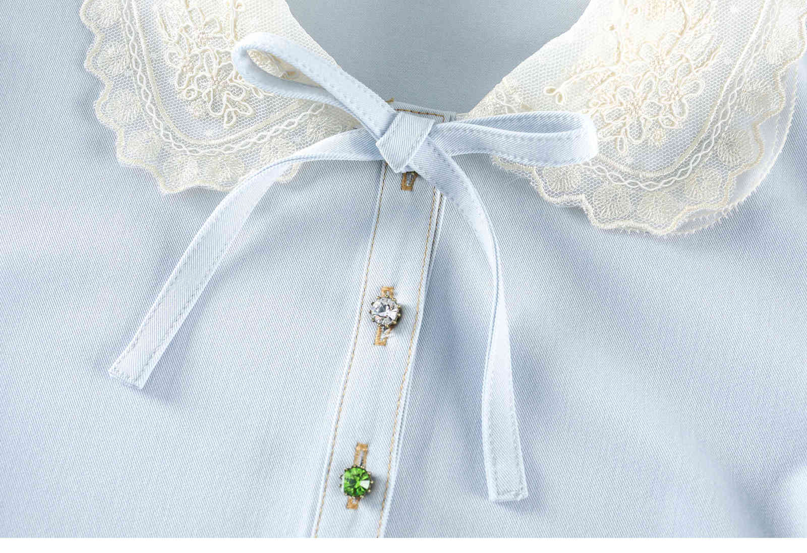 Spring Summer Peter Pan Collar Bow Lace Full Thin Casual Shirt Top Women 210615