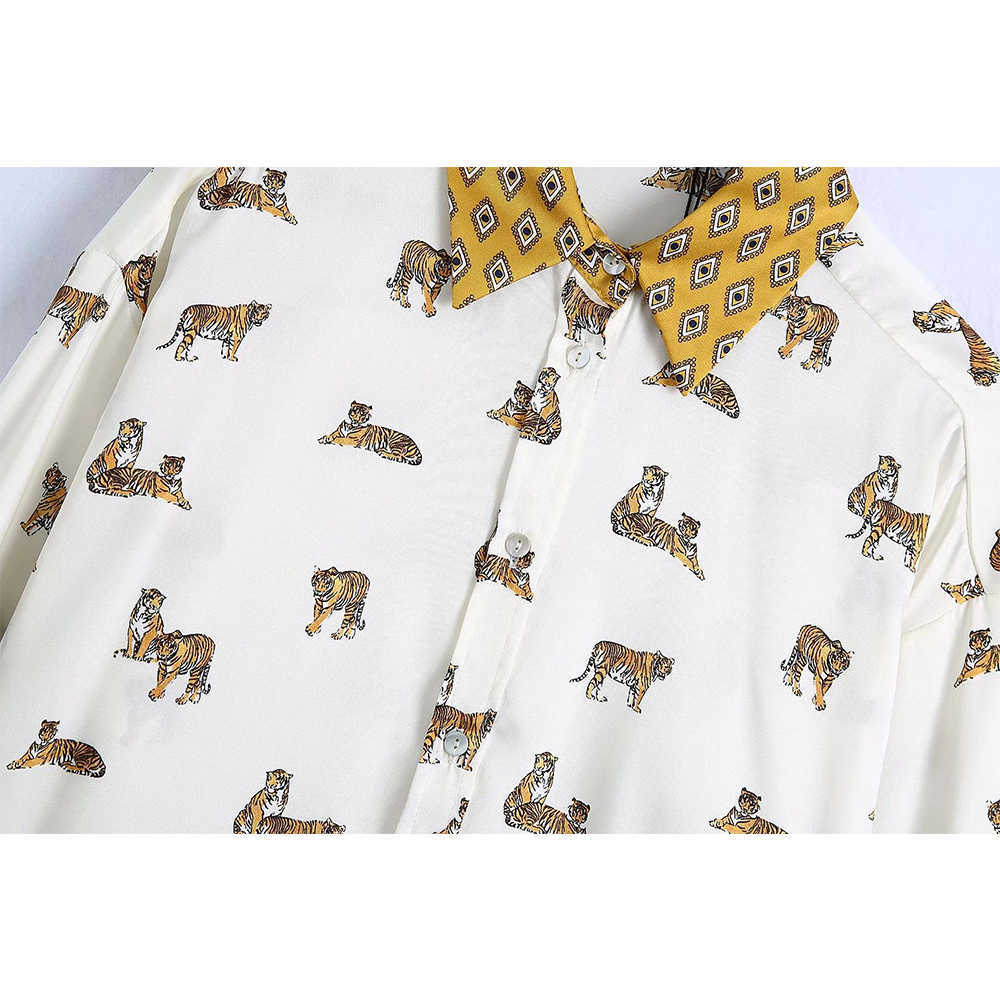 Women Satin Blouse Shirt Tiger pattern print Long Sleeves Collared Elegant Fashion Woman Blouse Shirt Tops 210709
