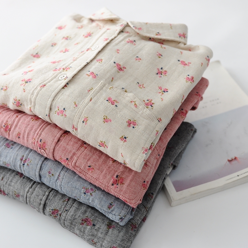 Lamtrip Romantic Floral Print Cotton Yarn Soft Long Sleeve Rustic Flowers Shirt Blouse Female 210225
