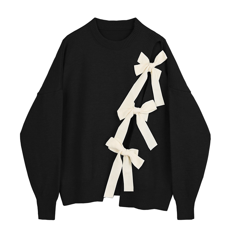 Apricot Bow Big Size Knitting Sweater Loose Round Neck Long Sleeve Women Pullovers New Fashion Autumn Winter 1DA814 210218