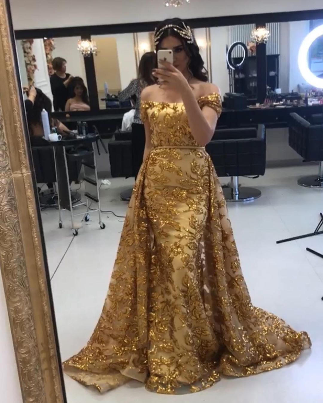 Lace Shining Sequined Mermaid Prom Dresses With Detachable Train Off The Shoulder Evening Gowns Custom Made Formal Dress