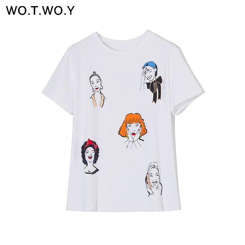 WOTWOY Summer Cute Printed T-shirt Women Knitted Cotton White Tops Tee Shirt Women Casual Short Sleeve Harajuku Tshirts Female 210306