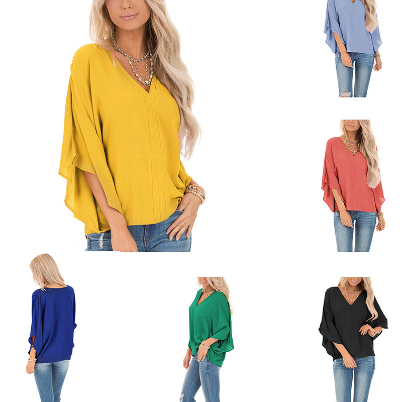 Droppshiping Women Lady V Neck Solid Color Loose Bat Sleeve T-shirt Fashion Top for Beach Party d88 210306