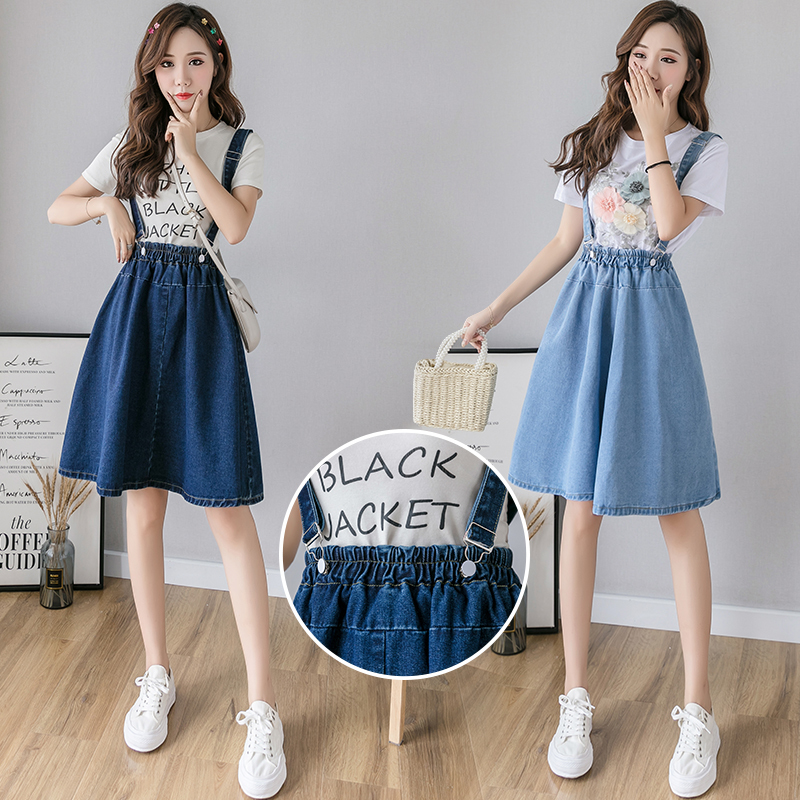Zoki Plus Size S-4XL Women Denim Strap Skirt Elegant Summer Korean Elastic High Waist A-line Midi Skirt Jeans Faldas Mujer Moda 210309