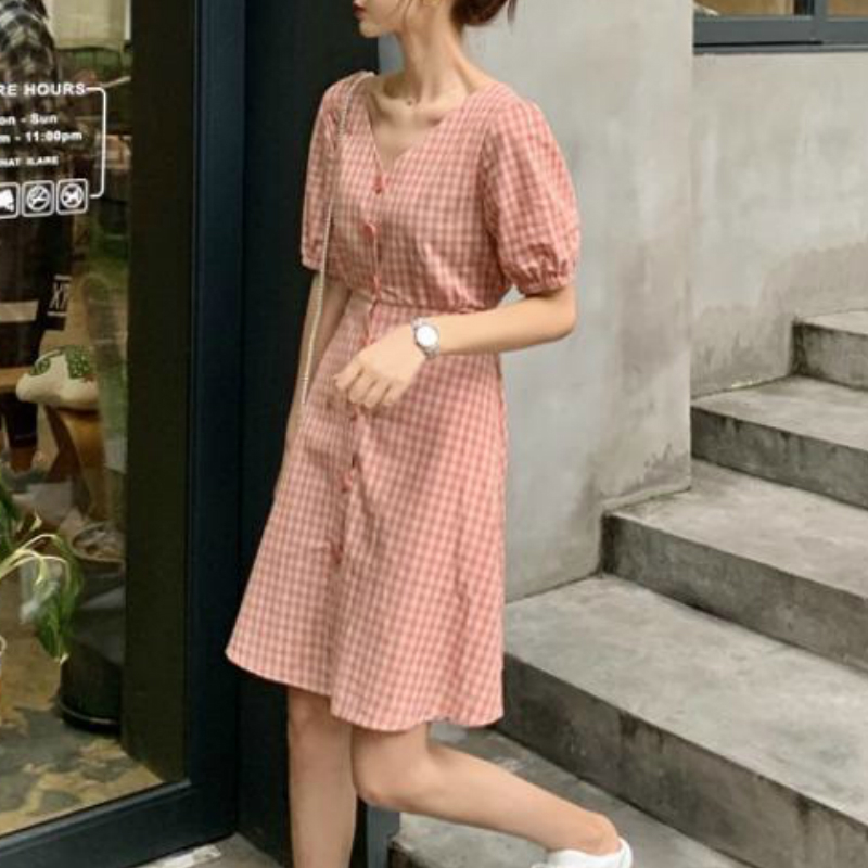 Women Plaid Dress V-neck Short Sleeve Loose Fashion Leisure Sweet Korean Style Backless Lace-up Chic Student Ulzzang All-match C0304