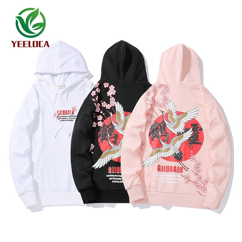 Autumn Winter Dropshipping Chinese Style Crane Crane Cherry Hoodie Oversized Cotton Hip Hop Rock Band Sweatshirt 201020