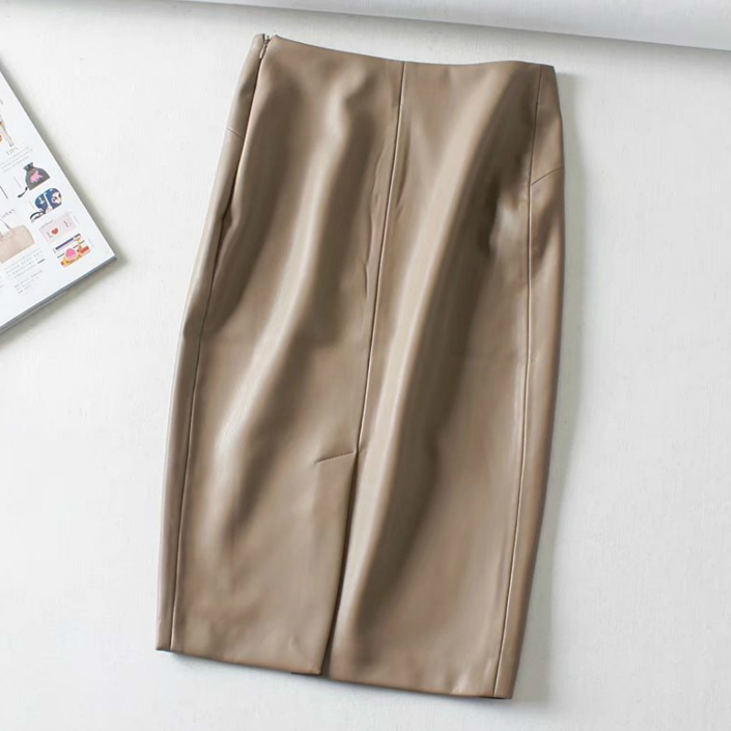 Women Sexy Soft PU Leather Pencil Midi Skirt Autumn Ladies Package Hip Back Split Faux Leather Pencil Skirt Burgundy Coffee 210306