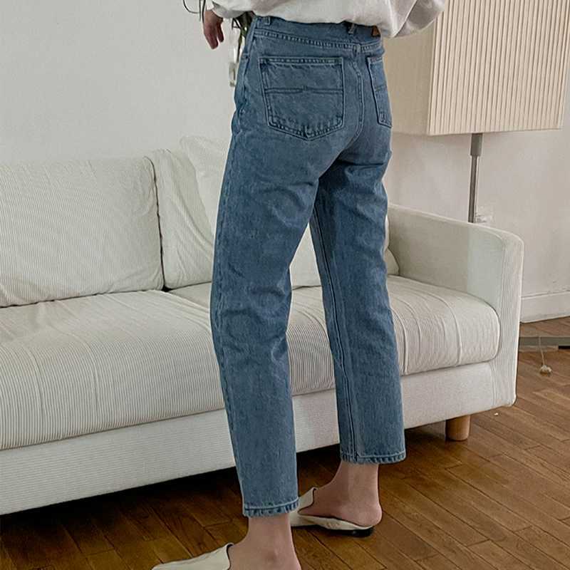 Spring Fashion Denim Jeans Straight Solid Korean Elegant Pants Office Lady High Waist Vintage Women Trousers 13A284 210525