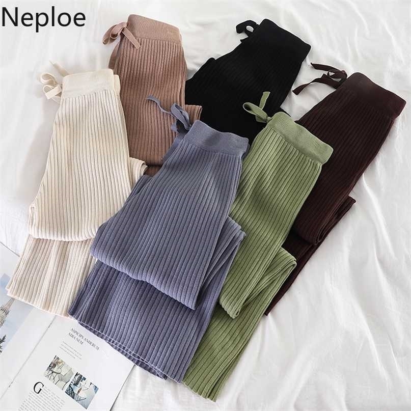 Neploe Winter Autumn Knitted Wide Leg Pants Women Korean Solid Pit Long Trousers Elastic Lace Up Plus Size Sweatpants 211115