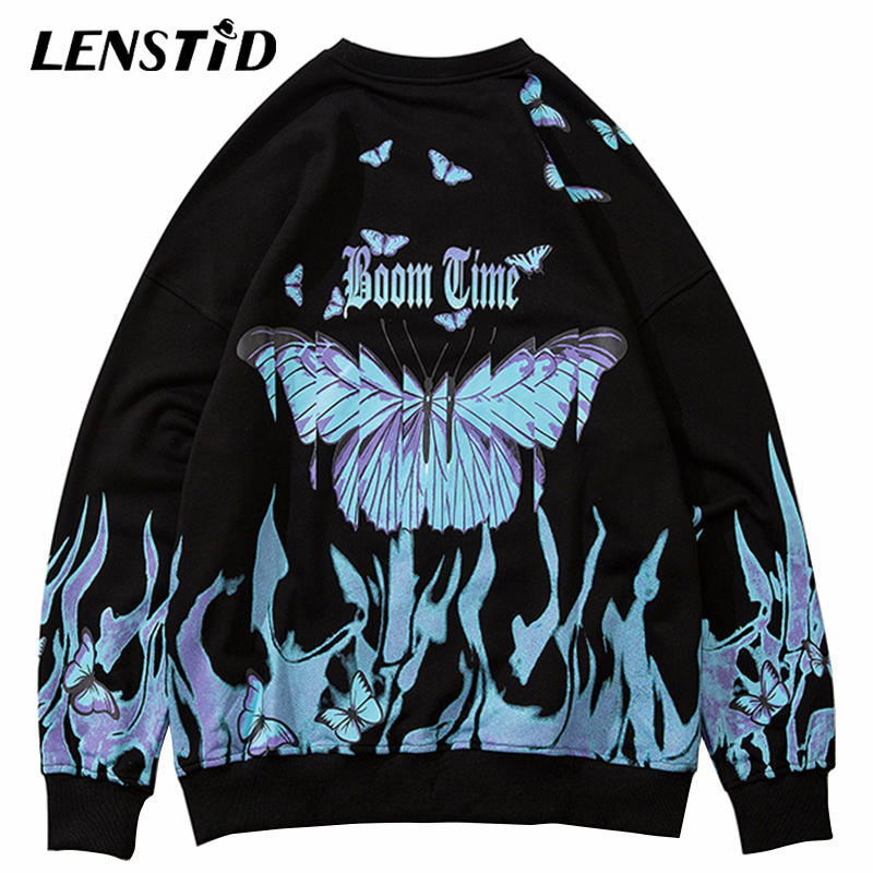 LENSTID Men Hip Hop Sweatshirt Blue Fire Flame Butterfly Harajuku Streetwear Hipster Pullover Hoodies Autumn Fashion Sweatshirts 201104