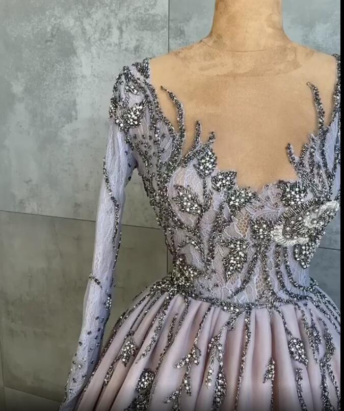 Aso Ebi 2021 Arabic Luxurious Beaded Crystals Evening Dresses Sheer Neck Prom Dresses Lace Sexy Formal Party Second Reception Gowns ZJ925