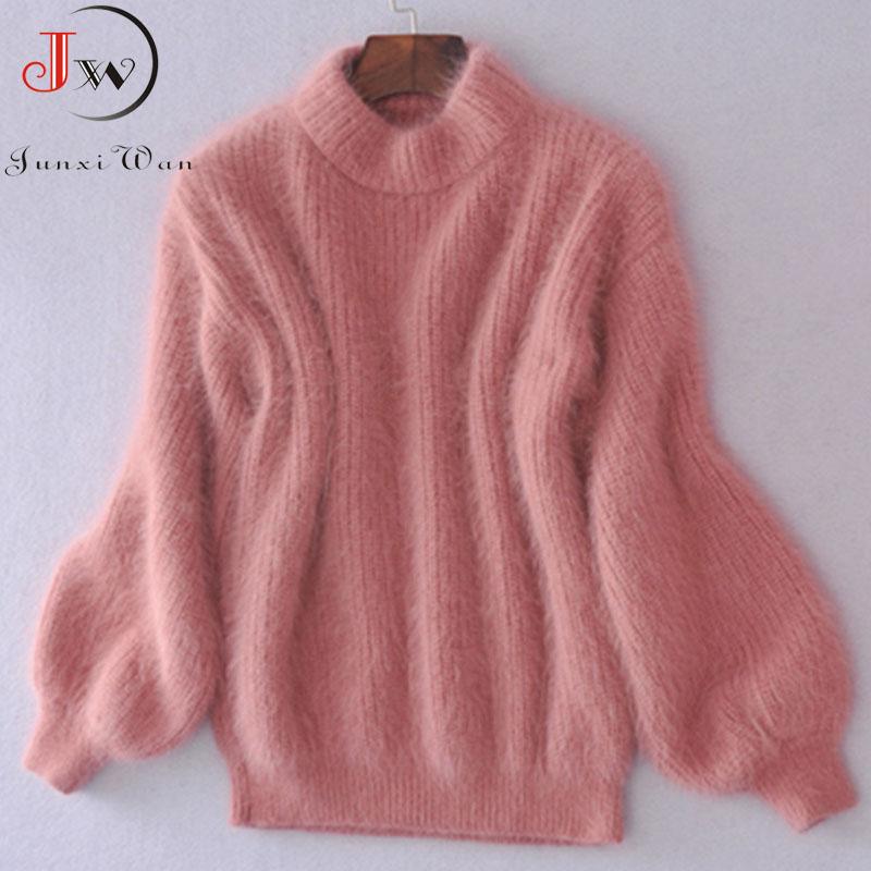 Turtleneck Mohair Sweater For Women | Warm White Knitted Lantern Sleeve Pullover B3