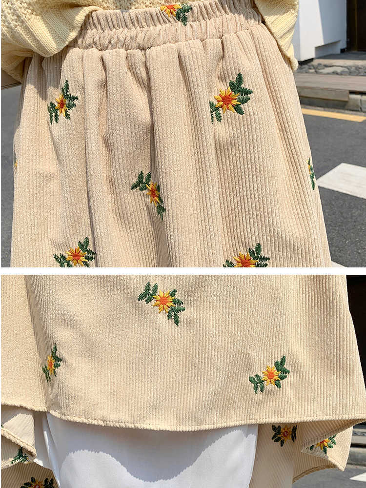 SURMIITRO Corduroy Midi Long Skirt Women Autumn Winter Korean Floral Embroidery Mid-Length High Waist A Line Skirt Female 211119