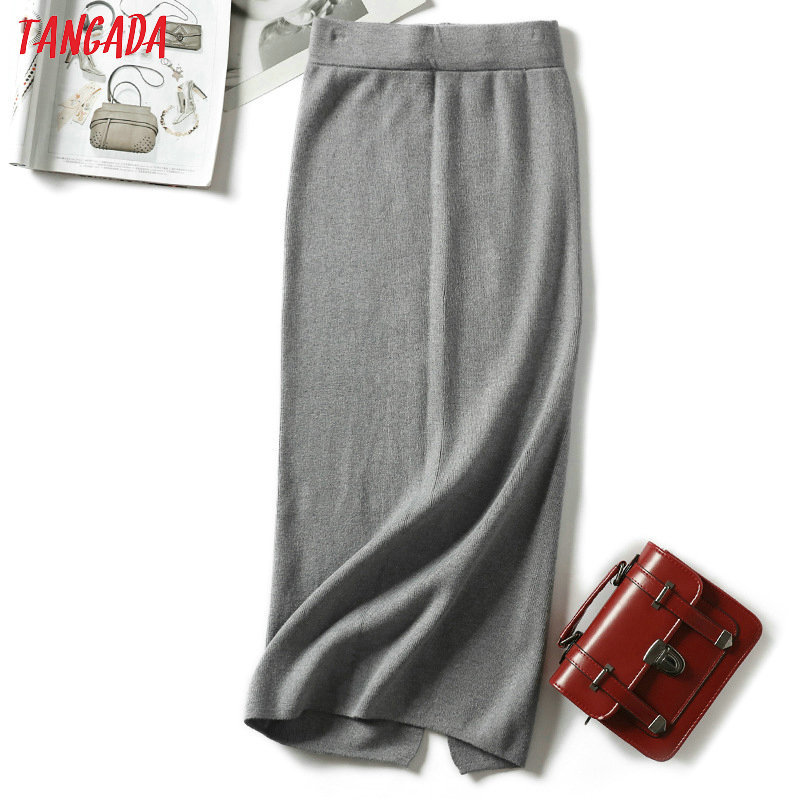 Tangada Women solid long skirts knit stretch high waist korean style ladies black pencil skirt faldas mujer moda AQX05 210309