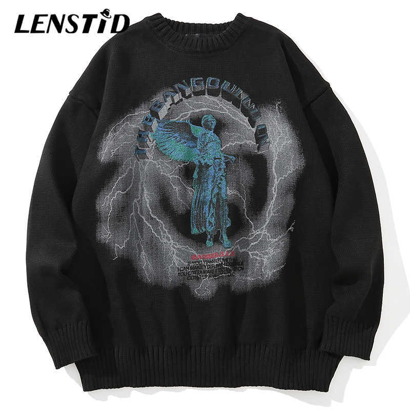 LENSTID Men Hip Hop Knitted Jumper Sweaters Angel Lightning Printed Streetwear Harajuku Autumn Oversize Hipster Casual Pullovers 211008