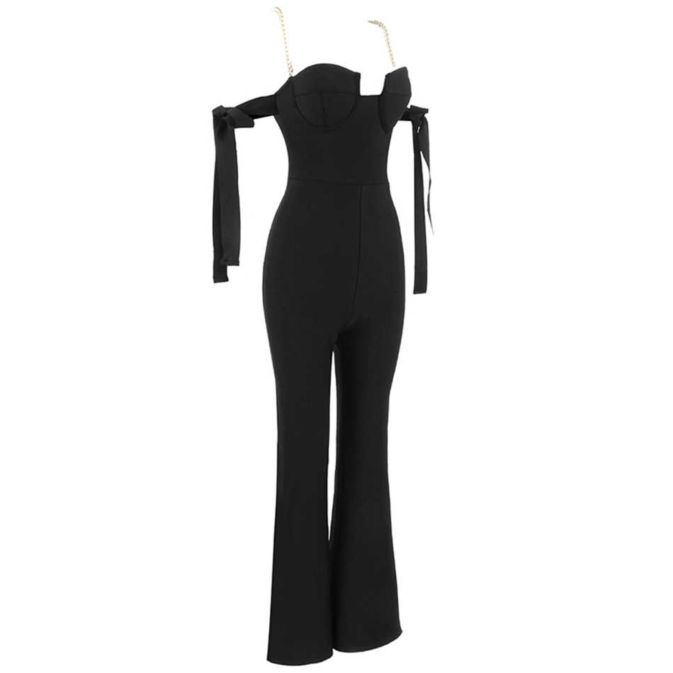 Summer Sexy Sleeveless Off Shoulder Bow Beaded Lady Bodycon Bandage Elegant Black Solid Color Long Jumpsuit 210525