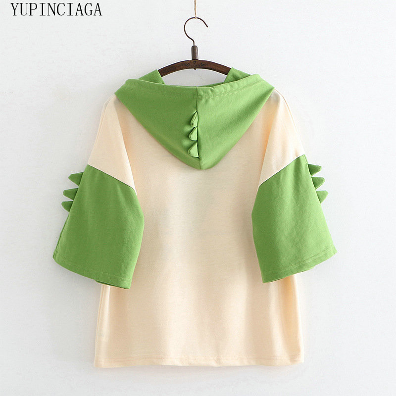 Women Dinosaur Sweatshirts With Horns Sweet Style Short Sleeve Cotton Hoodies Girls Green Hoodie Print Hooded Harajuku Pullovers 201211