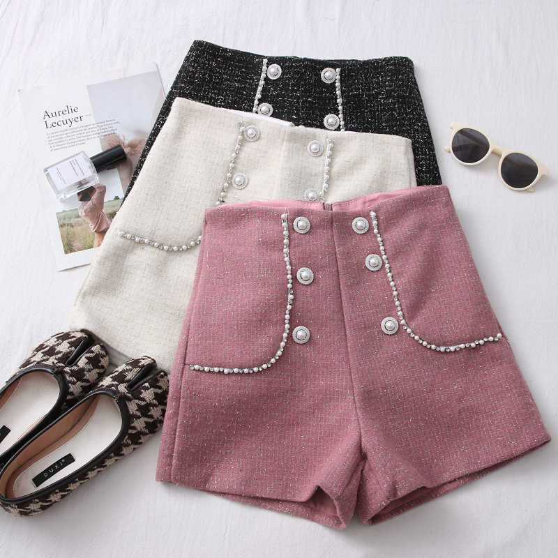 High Waist Tweed Shorts Women Casual Loose Ladies Fashion Spring Autumn Slim Button All-match 210714