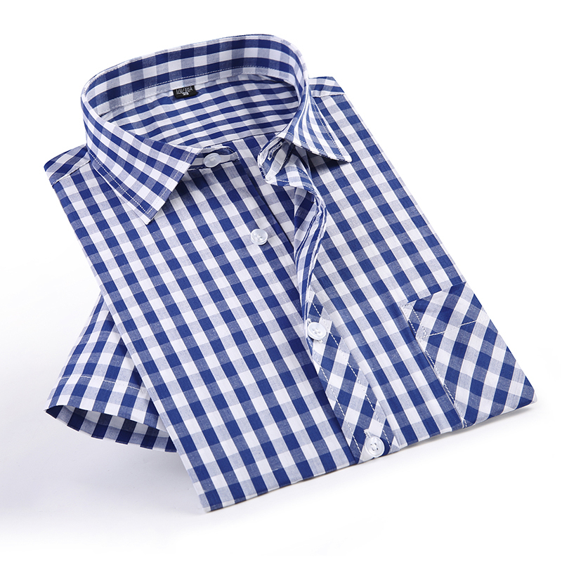 Summer Short Sleeve Plaid Shirts Fashion Men Business Casual Shirts square collar Cotton loose fit Shirts with front pocket T200505