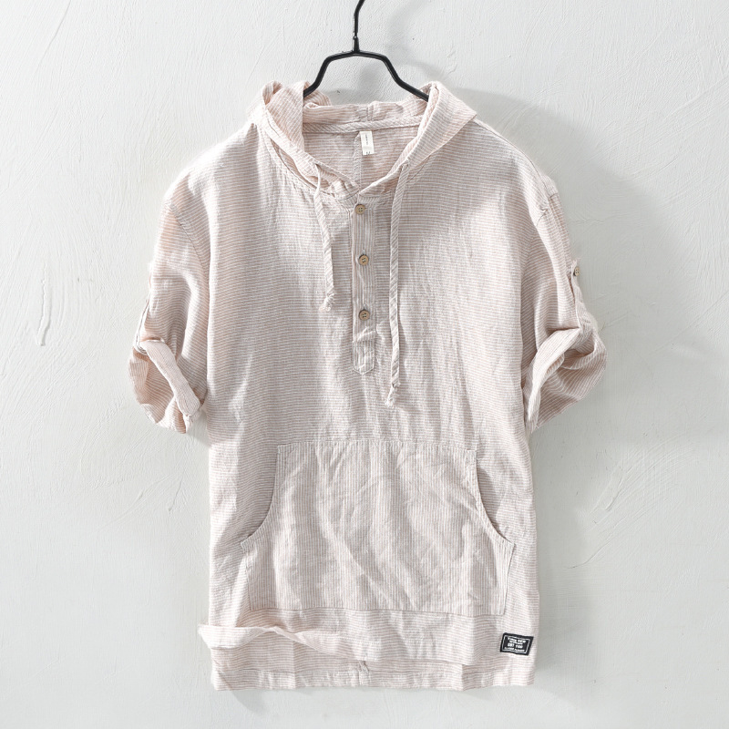 Summer Fashion Men Shirts Hooded Collar Half Sleeve Shirts Men Linen Cotton Fabric Japanese Style Casual Tee Shirt camisa hombre T200505
