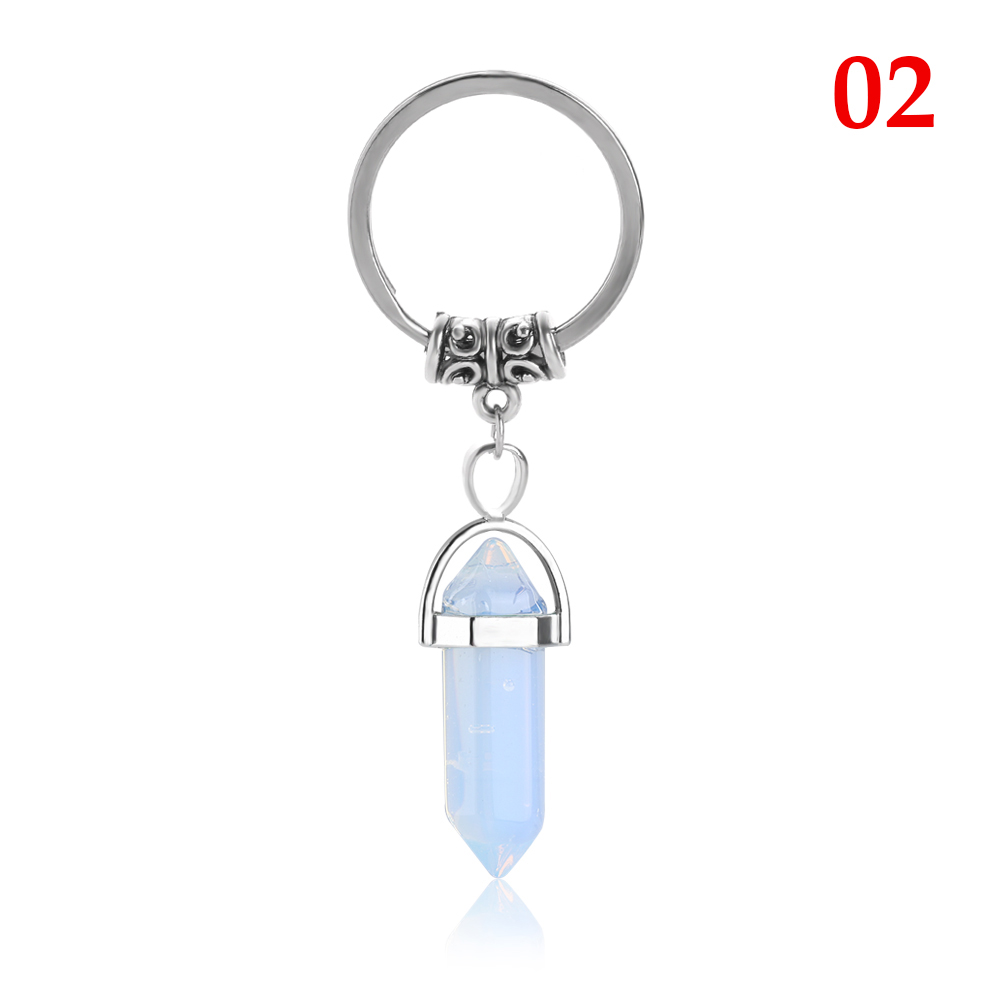 Natural Stone hexagonal prism Keychains Silver Color Healing Pink Crystal Car Decor key rings Keyholder for Women Men